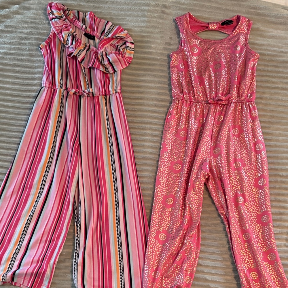 Kids size 7 Set of 2 Vibrant Pink Striped and Patterned Kids Jumpsuits